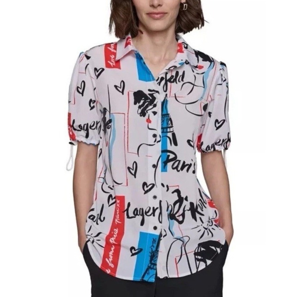 Karl Lagerfeld Paris‎ Printed Bungee Sleeve Button Down Top NEW L Art to Wear
